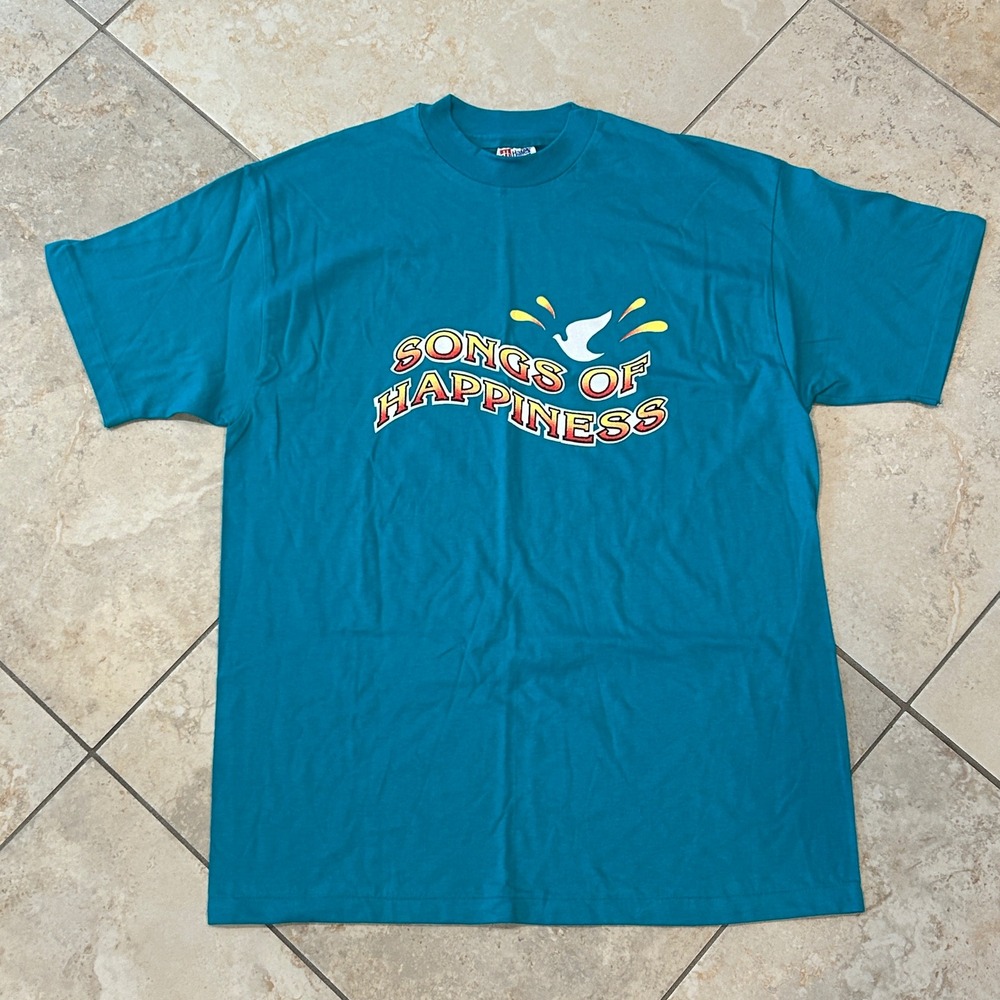 Vintage Songs of Happiness Shirt Mens L Teal Blue Dove Cotton USA Single Stitch